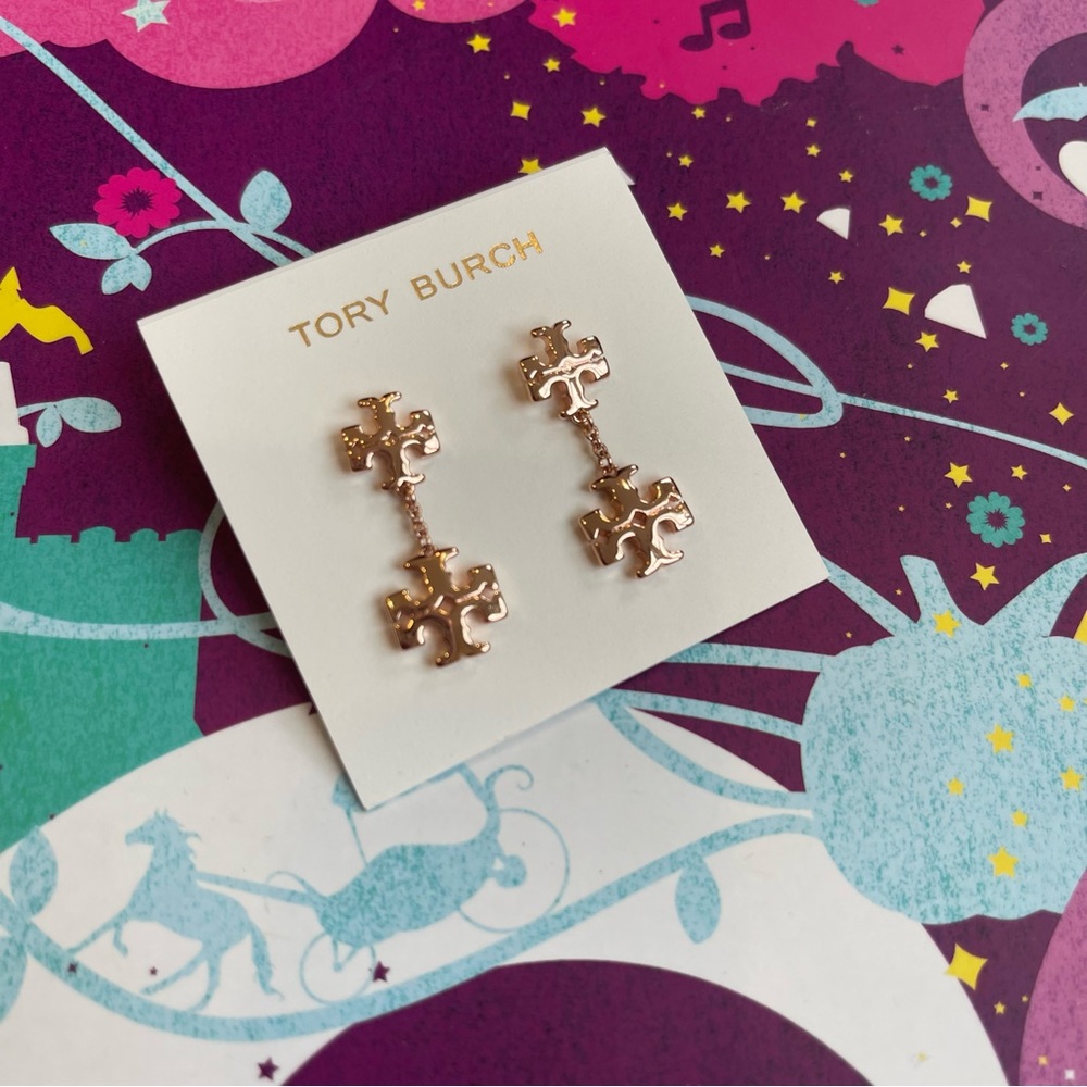 TORY BURCH KIRA LINEAR DOUBLE LOGO DROP Earrings - Rose Gold - Mother’s Day Gift